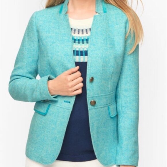 NWOT Talbots Size 16 Turquoise Bicolor Herringbone Classic Shetland Wool Blazer - Picture 1 of 14